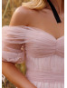 Off Shoulder Blush Tulle Pleated Wedding Dress